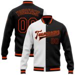 Custom Bomber Varsity Jacket in White Black Orange Full-Snap Style, Split Fashion Design Custom White Black-Orange Bomber