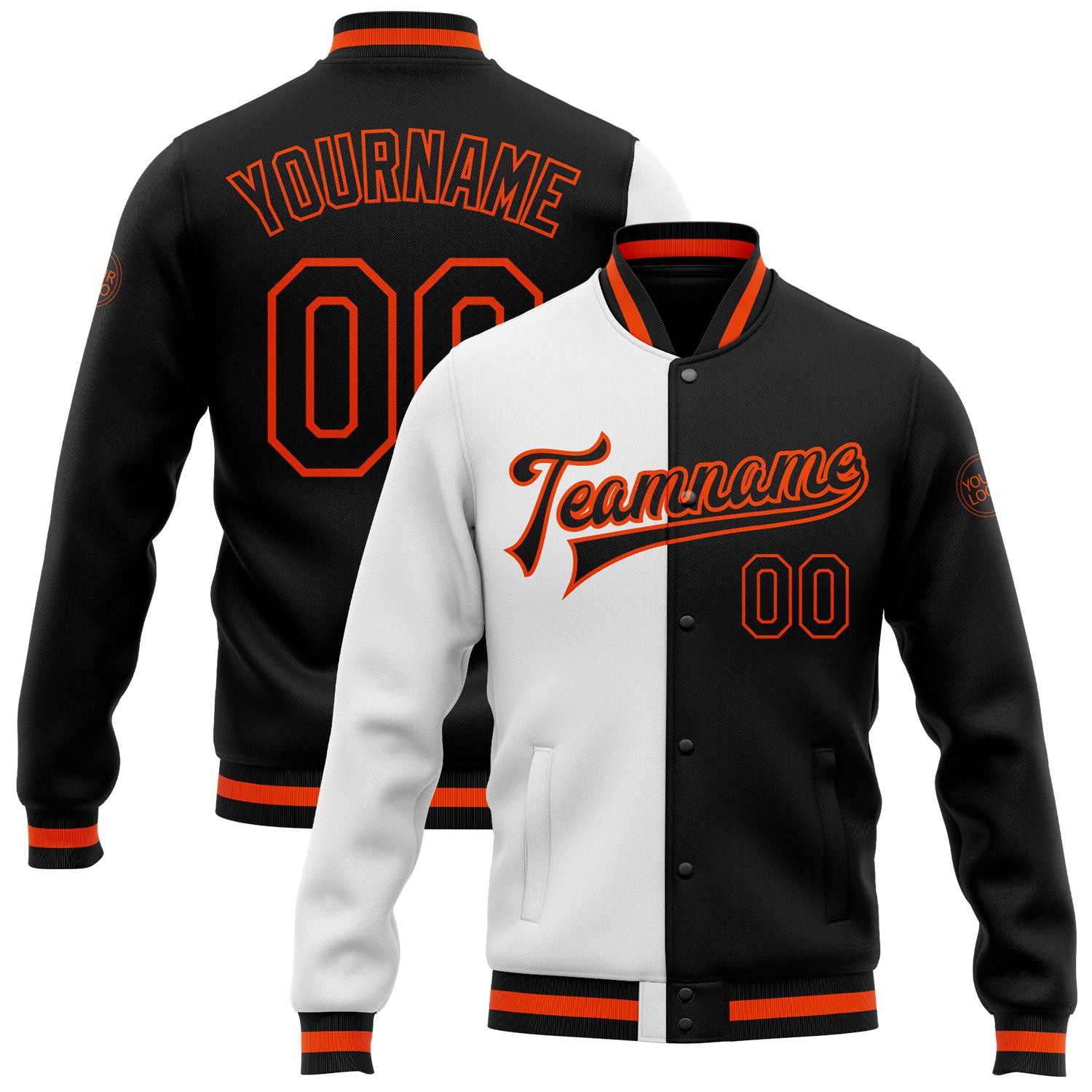 Custom Bomber Varsity Jacket in White Black Orange Full-Snap Style, Split Fashion Design Custom White Black-Orange Bomber