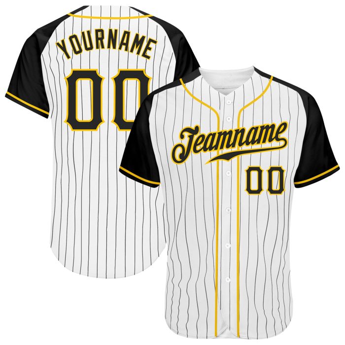 Custom Black Gold Pinstripe Baseball Jersey with Raglan Sleeves - Authentic White Design Custom White Black Pinstripe Black-Gold - Image 1