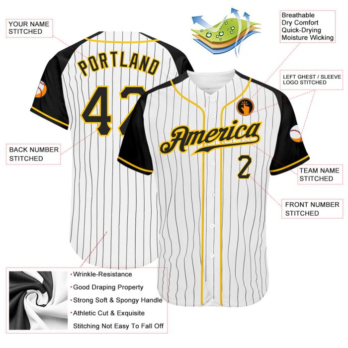 Custom Black Gold Pinstripe Baseball Jersey with Raglan Sleeves - Authentic White Design Custom White Black Pinstripe Black-Gold - Image 3