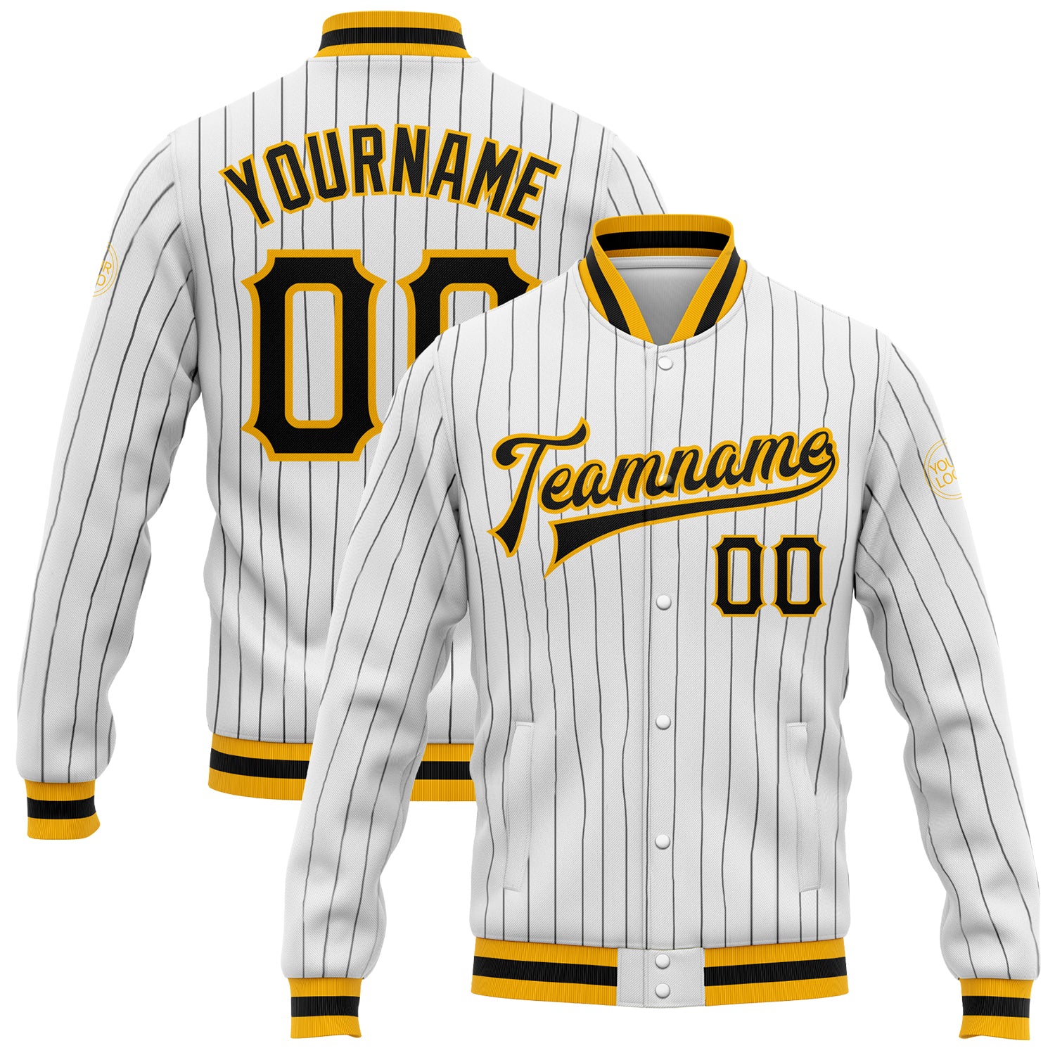 Custom Black Gold Pinstripe Bomber Jacket Full-Snap Varsity Letterman Custom White Black Pinstripe Black-Gold Bomber Full-Snap