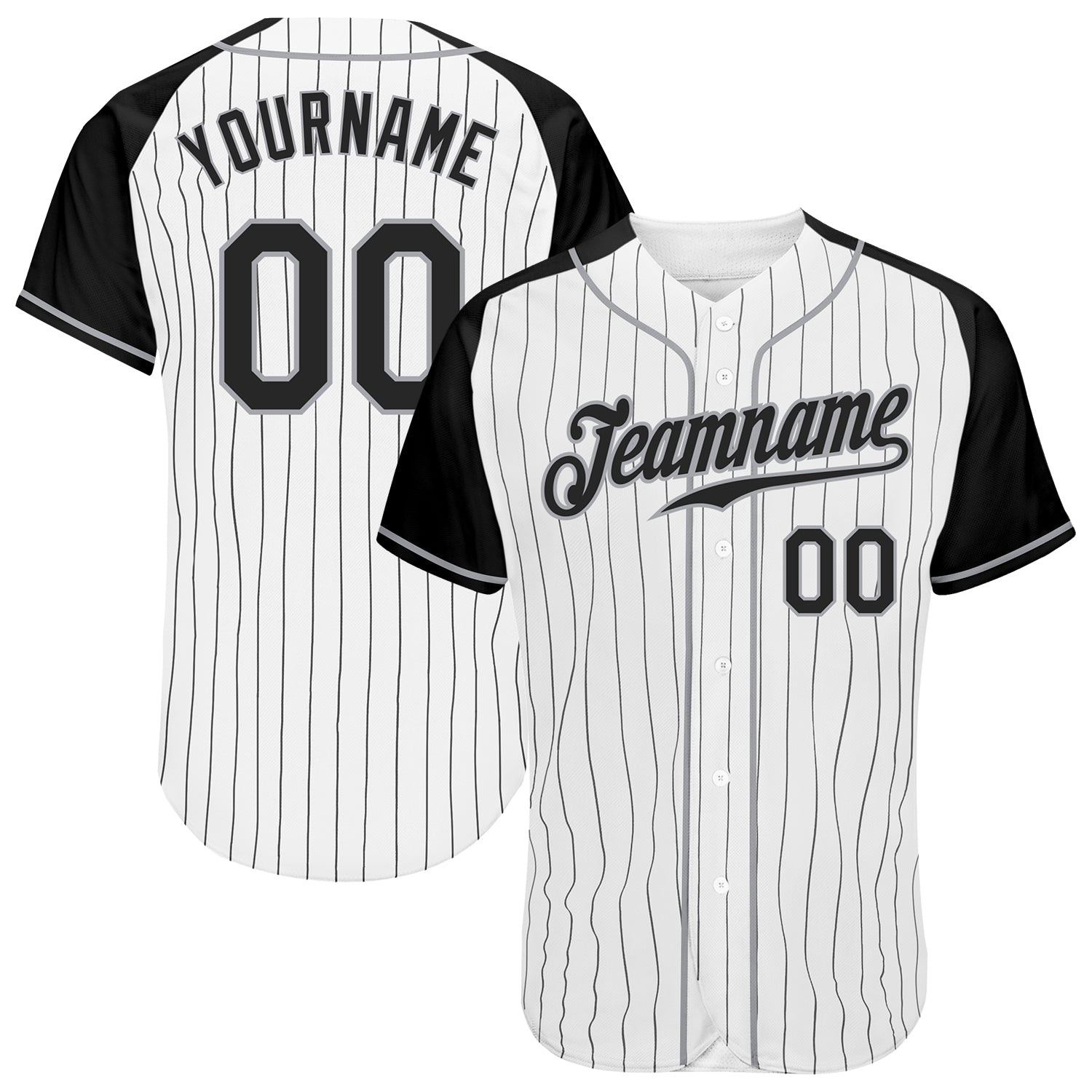 Custom White Black Pinstripe Black-Gray Authentic Raglan Sleeves Baseball Jersey Custom Black Gray Pinstripe Baseball Jersey with Raglan Sleeves - Authentic Design Custom White Black Pinstripe Black-Gray - Image 1