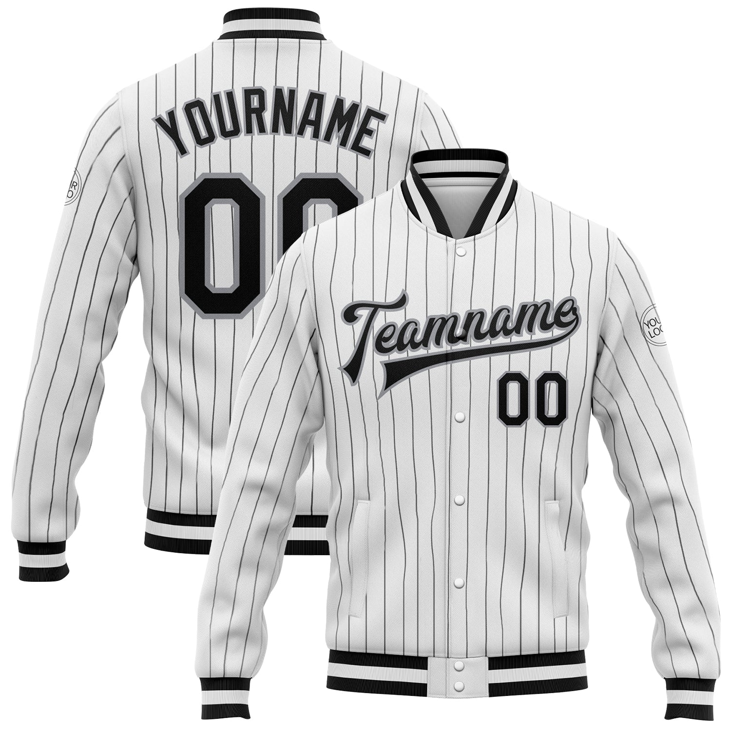 Custom Black Gray Pinstripe Varsity Letterman Jacket Full-Snap Bomber Custom White Black Pinstripe Black-Gray Bomber Full-Snap