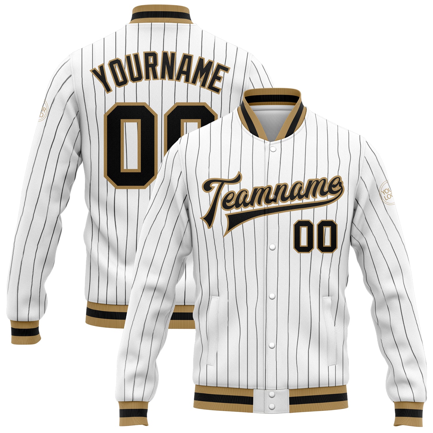 Custom Varsity Letterman Jacket Black White Pinstripe Full-Snap Old Gold Bomber Custom White Black Pinstripe Black-Old Gold