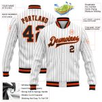 Custom Black Orange Pinstripe Bomber Varsity Letterman Jacket - Full-Snap Design, Stylish Outerwear for Men Custom White - Image 3