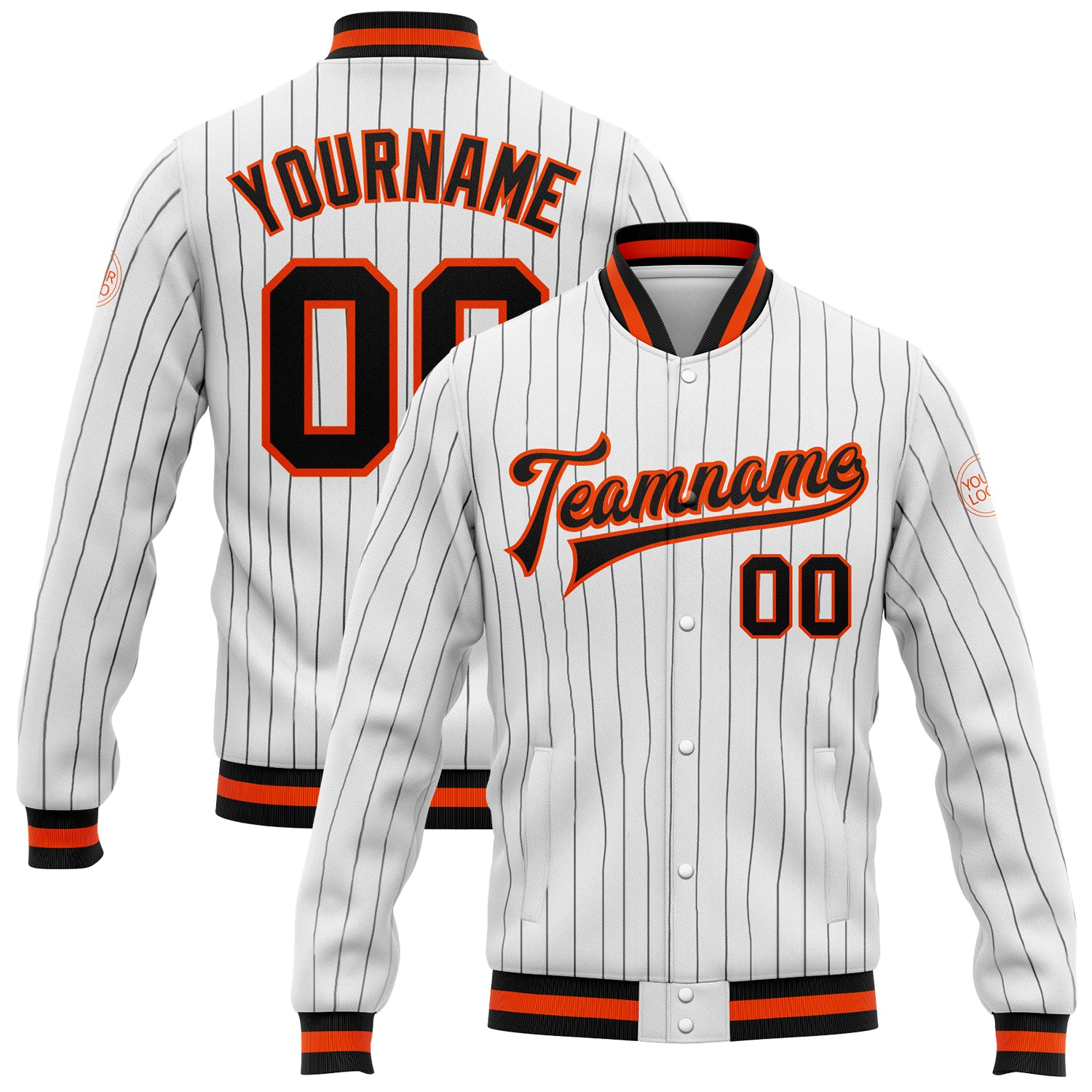 Custom Black Orange Pinstripe Bomber Varsity Letterman Jacket - Full-Snap Design, Stylish Outerwear for Men Custom White