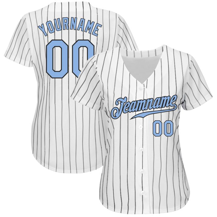 Custom Light Blue Black Pinstripe Authentic Baseball Jersey - White Black Design Custom White Black Pinstripe Light Blue-Black - Image 2