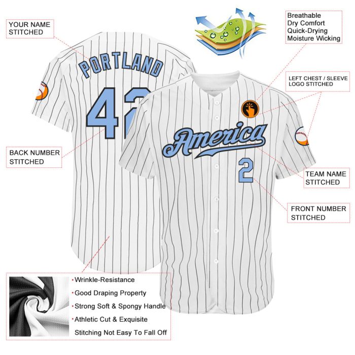 Custom Light Blue Black Pinstripe Authentic Baseball Jersey - White Black Design Custom White Black Pinstripe Light Blue-Black - Image 3