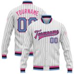 Custom Varsity Letterman Jacket Light Blue Black Pink Pinstripe Bomber Full-Snap Custom White Black Pinstripe Light Blue