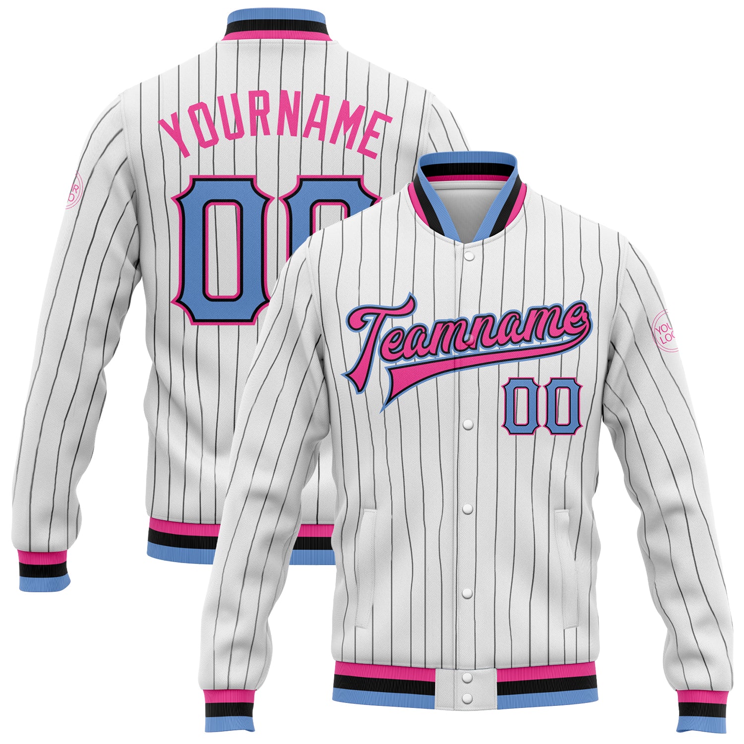 Custom Varsity Letterman Jacket Light Blue Black Pink Pinstripe Bomber Full-Snap Custom White Black Pinstripe Light Blue