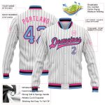 Custom Varsity Letterman Jacket Light Blue Black Pink Pinstripe Bomber Full-Snap Custom White Black Pinstripe Light Blue - Image 3