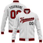 Custom Bomber Varsity Letterman Jacket Red-Black White Black Pinstripe Full-Snap Custom White Black Pinstripe Red-Black Bomber