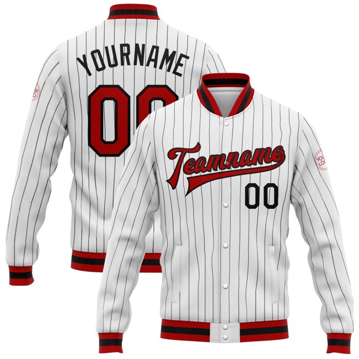Custom Bomber Varsity Letterman Jacket Red-Black White Black Pinstripe Full-Snap Custom White Black Pinstripe Red-Black Bomber - Image 1