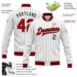 Custom Bomber Varsity Letterman Jacket Red-Black White Black Pinstripe Full-Snap Custom White Black Pinstripe Red-Black Bomber - Image 3