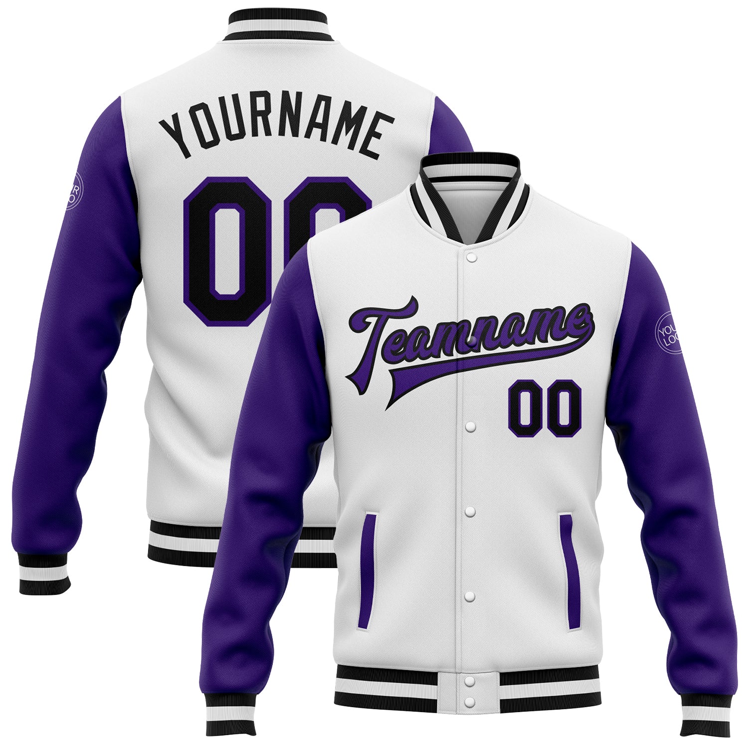 Custom Bomber Jacket Two Tone Black Purple Full-Snap Varsity Letterman Custom White Black-Purple Bomber Full-Snap Varsity