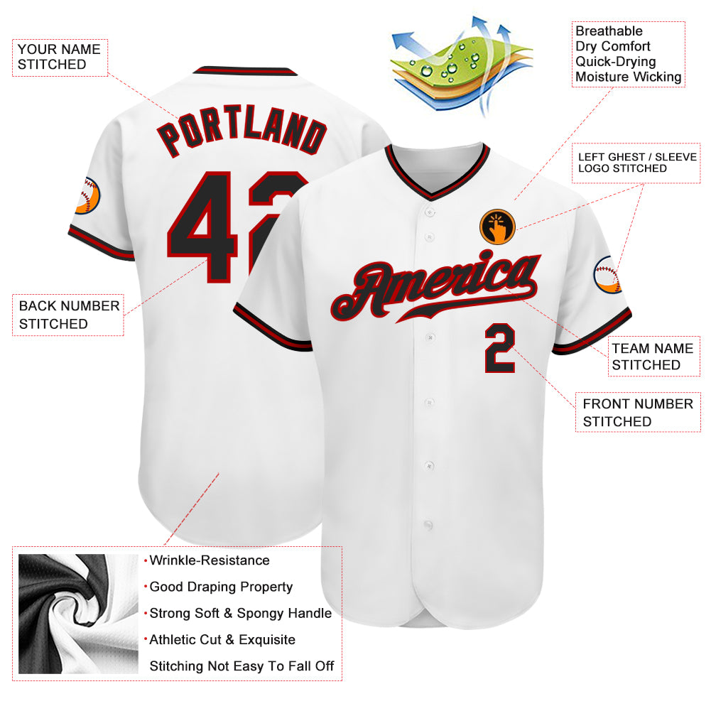 Custom White Black-Red Authentic Baseball Jersey Custom Authentic Baseball Jersey in White and Black-Red Design Custom White Black-Red Authentic Baseball Jersey - Image 3