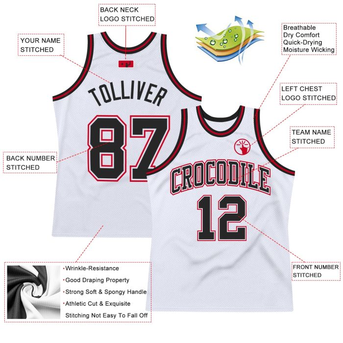 Custom Authentic Basketball Jersey - White Black Red Throwback Style Custom White Black-Red Authentic Throwback Basketball - Image 2
