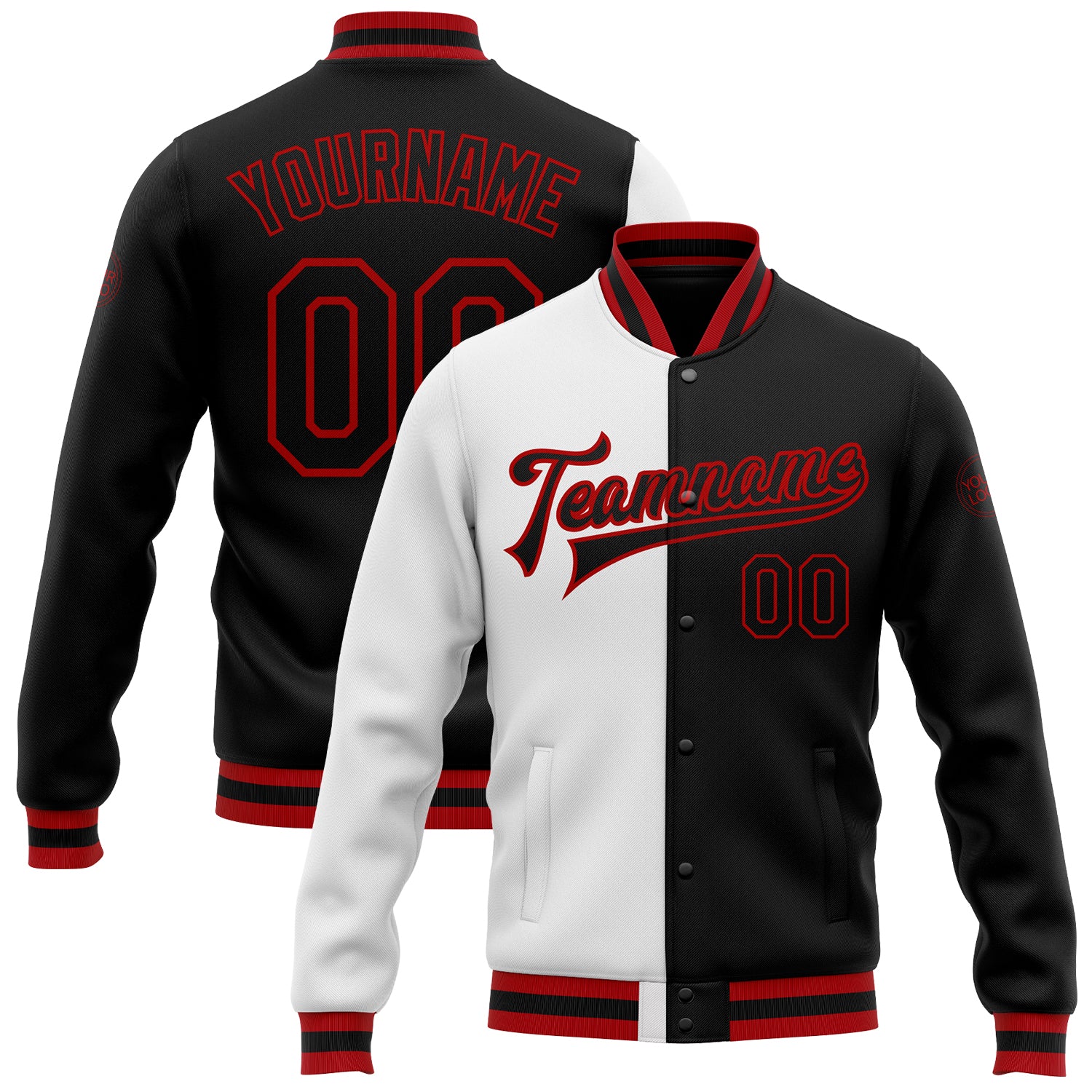 Custom Varsity Letterman Bomber Jacket White Black Red Full-Snap Fashion Custom White Black-Red Bomber Full-Snap Varsity