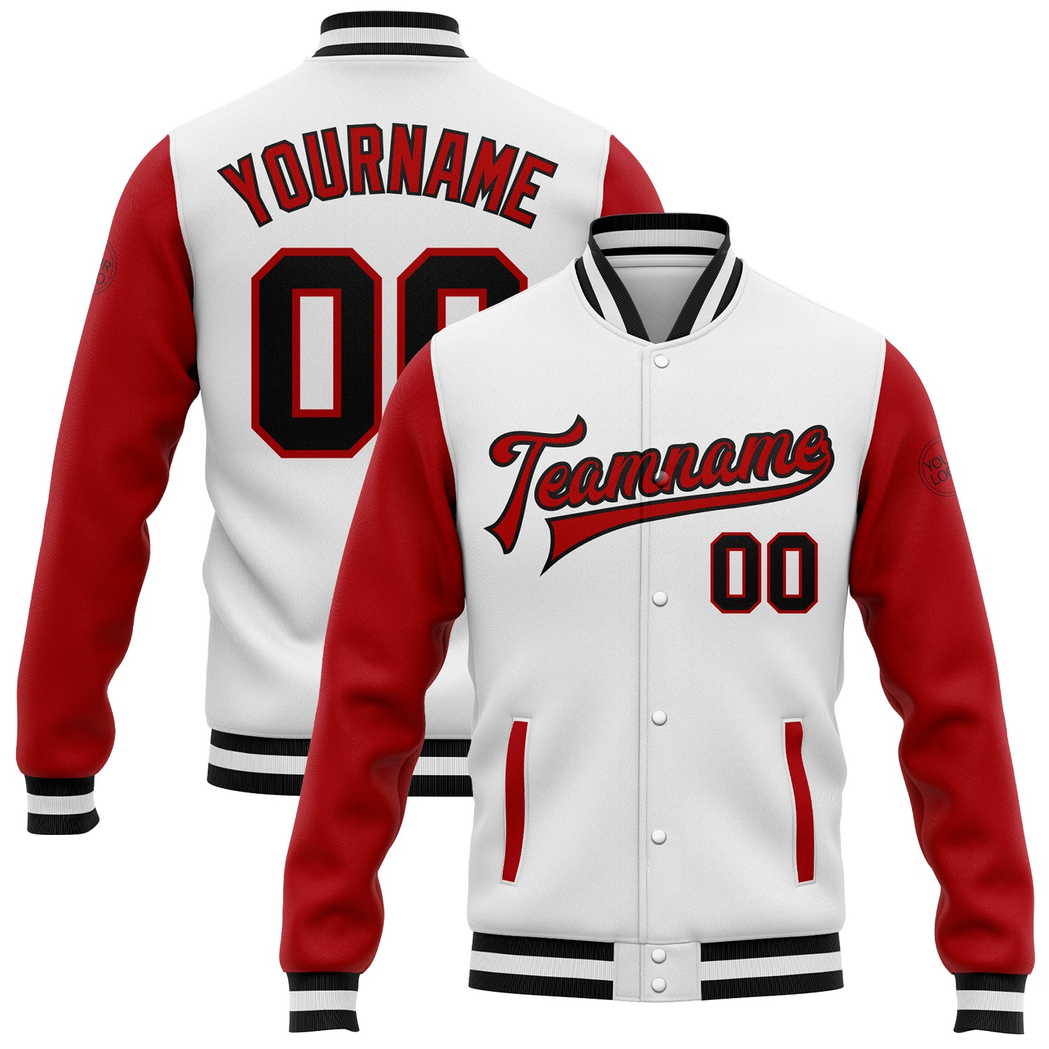 Custom Bomber Jacket Black Red Varsity Letterman Full-Snap Two Tone Style Custom White Black-Red Bomber Full-Snap Varsity