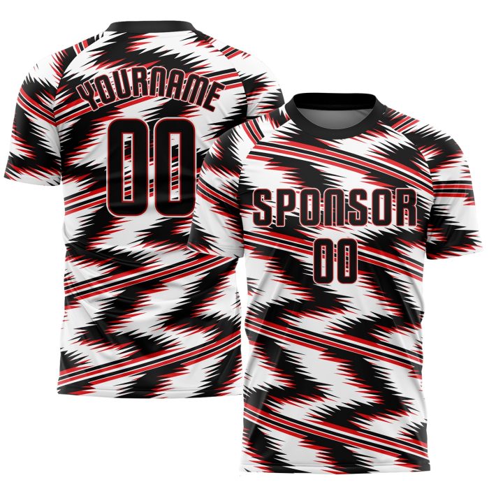 Custom Sublimation Soccer Jersey - Black Red White Uniform Style 9086 Custom White Black-Red Sublimation Soccer Uniform Jersey - Image 1