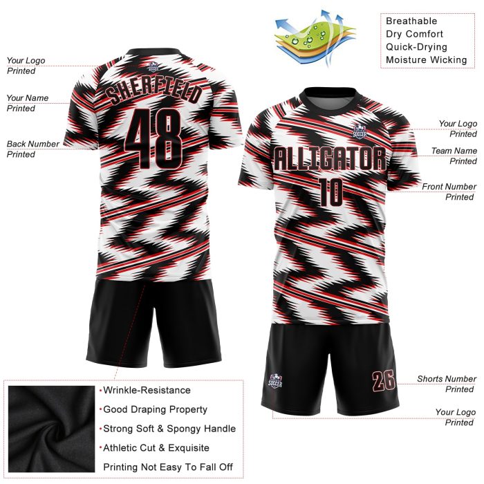 Custom Sublimation Soccer Jersey - Black Red White Uniform Style 9086 Custom White Black-Red Sublimation Soccer Uniform Jersey - Image 3