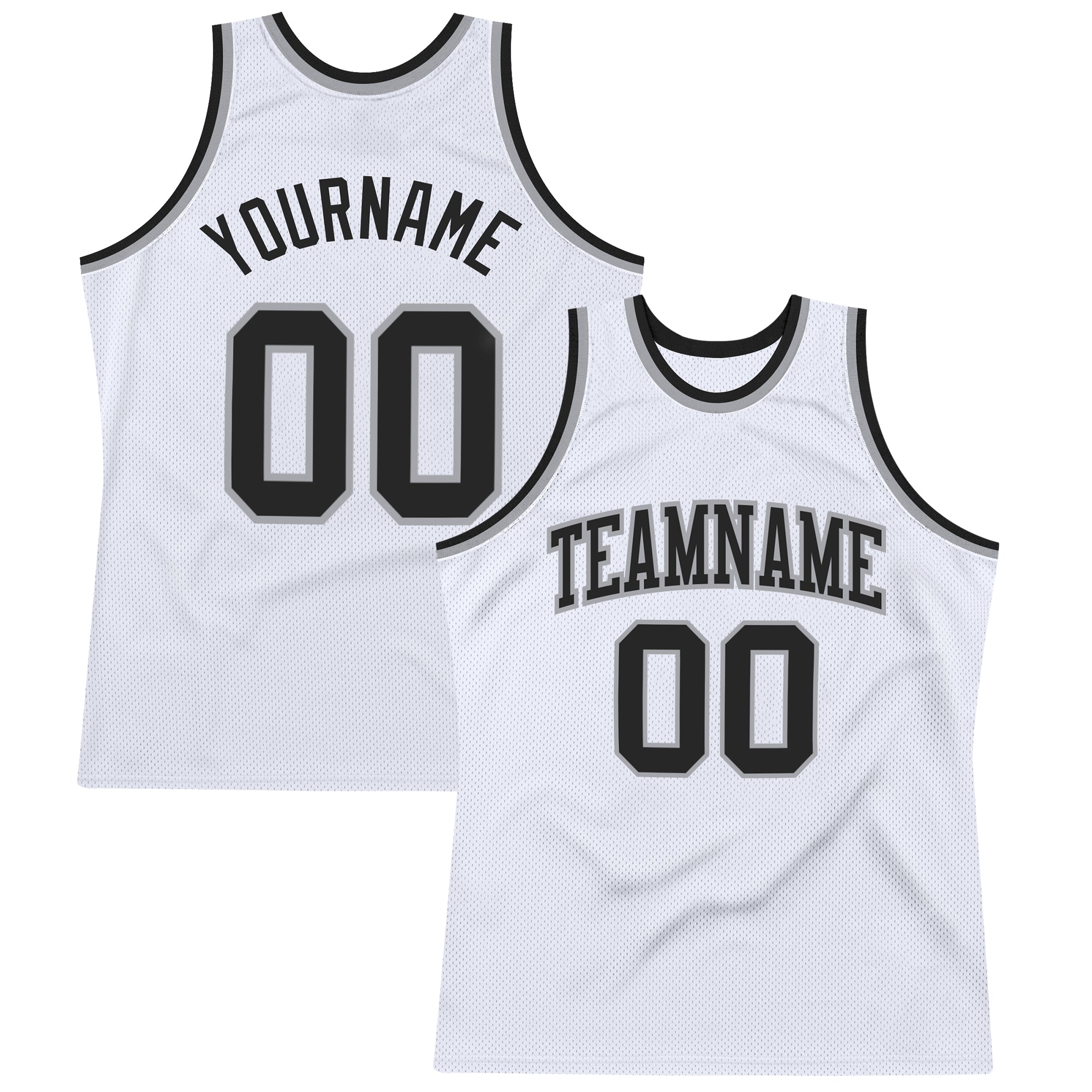 Custom White Black-Silver Gray Authentic Throwback Basketball Jersey Authentic Throwback Basketball Jersey - Custom White Black Silver Gray Design Custom White Black-Silver Gray Authentic Throwback - Image 1