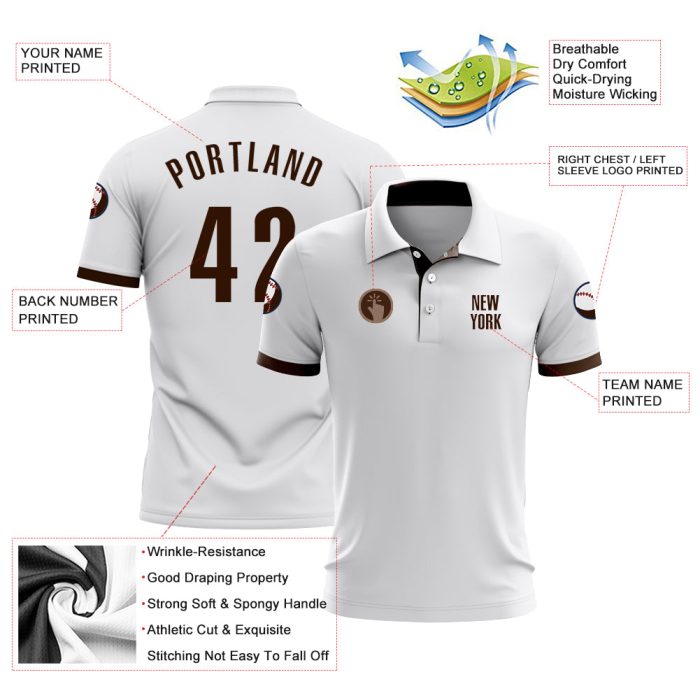 Custom Performance Golf Polo Shirt - White and Brown - Mens Activewear Custom White Brown Performance Golf Polo Shirt - Image 3