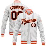Custom Brown-Orange Pinstripe Bomber Jacket Full-Snap Varsity Letterman Jacket Custom White Brown Pinstripe Brown-Orange