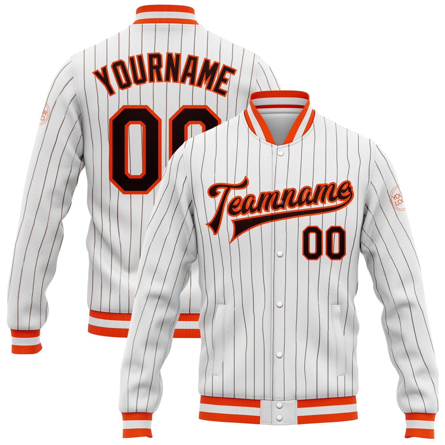 Custom Brown-Orange Pinstripe Bomber Jacket Full-Snap Varsity Letterman Jacket Custom White Brown Pinstripe Brown-Orange