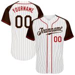 Custom Pinstripe Baseball Jersey White Brown Red Authentic Raglan Sleeves Custom White Brown Pinstripe Brown-Red Authentic