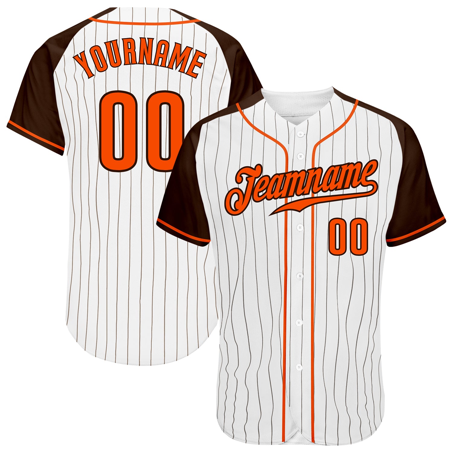 Custom Orange-Brown Pinstripe Baseball Jersey with White Brown Raglan Sleeves Custom White Brown Pinstripe Orange-Brown Authentic