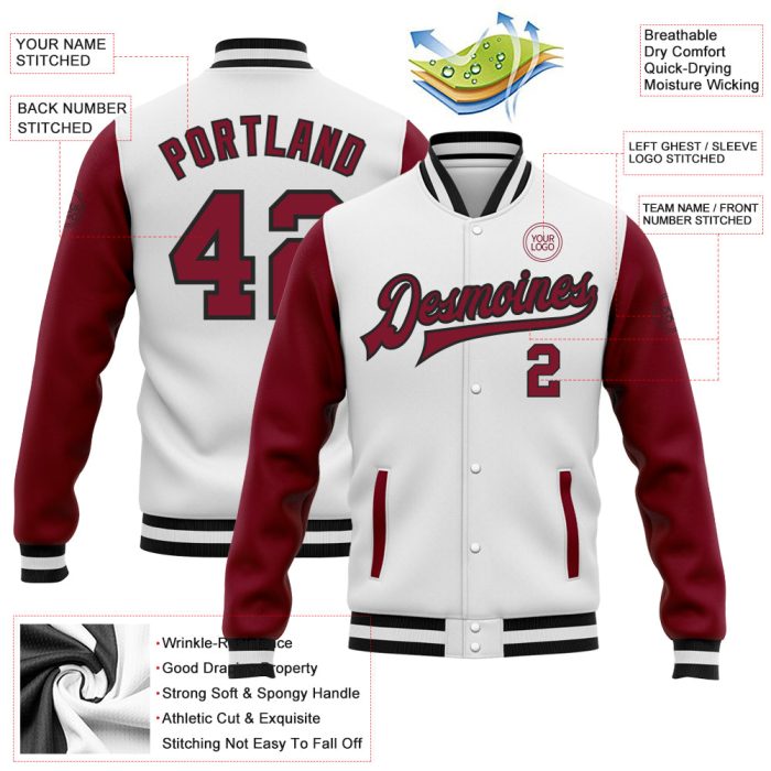 Custom Varsity Letterman Two Tone Bomber Jacket - White Crimson Black Full-Snap Design Custom White Crimson-Black Bomber - Image 3