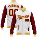 Crimson Gold Varsity Letterman Bomber Jacket Custom Full-Snap Two Tone Design Custom White Crimson-Gold Bomber Full-Snap