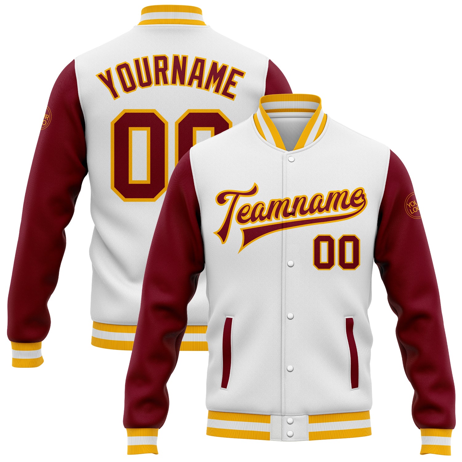 Crimson Gold Varsity Letterman Bomber Jacket Custom Full-Snap Two Tone Design Custom White Crimson-Gold Bomber Full-Snap