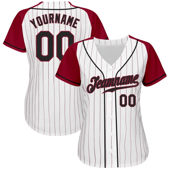 Custom Black Crimson Pinstripe Baseball Jersey with Authentic Raglan Sleeves Custom White Crimson Pinstripe Black-Crimson - Image 2
