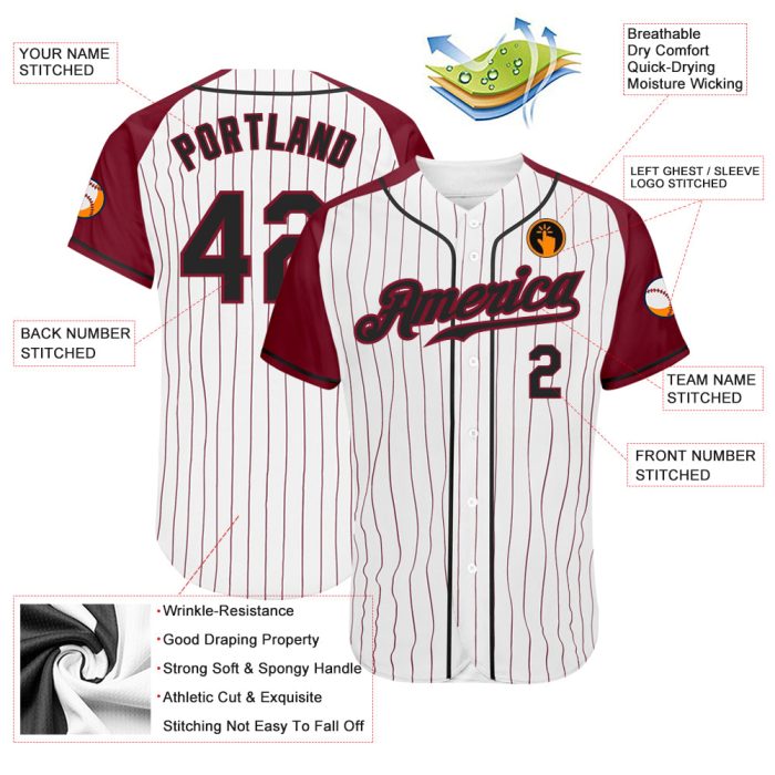 Custom Black Crimson Pinstripe Baseball Jersey with Authentic Raglan Sleeves Custom White Crimson Pinstripe Black-Crimson - Image 3