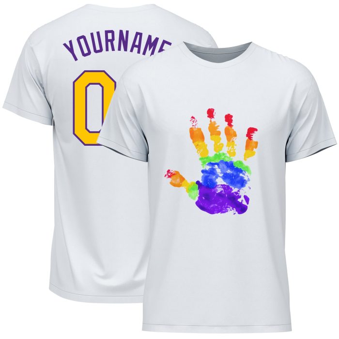 Pride LGBT T-Shirt Custom Hand Design in White Gold and Purple Rainbow Colors Custom White Gold-Purple Rainbow Colored Hand - Image 1