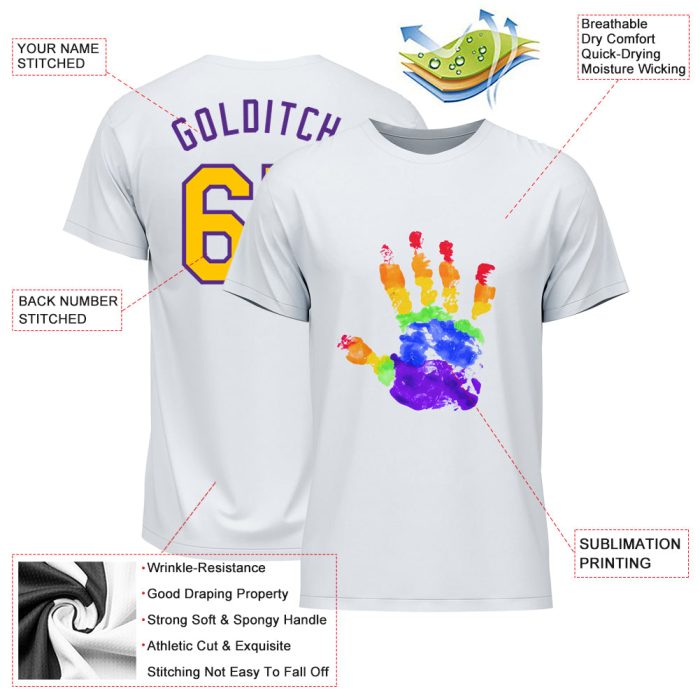 Pride LGBT T-Shirt Custom Hand Design in White Gold and Purple Rainbow Colors Custom White Gold-Purple Rainbow Colored Hand - Image 3