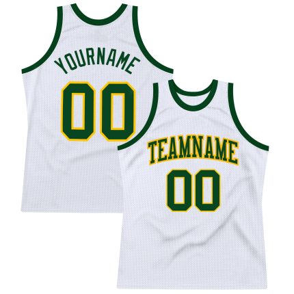 Custom Green-Gold Authentic Basketball Jersey - White Throwback Design Custom White Green-Gold Authentic Throwback Basketball