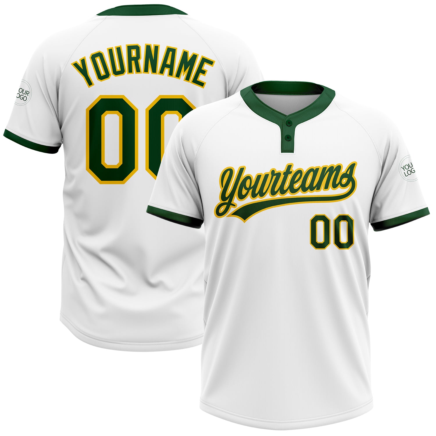 Custom White Green-Gold Two-Button Unisex Softball Jersey Unisex Softball Jersey Custom White Green Gold Two-Button Design Custom White Green-Gold Two-Button Unisex Softball Jersey - Image 1