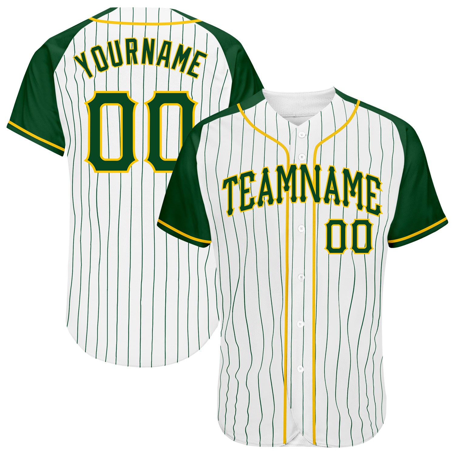 Custom Green Gold Pinstripe Baseball Jersey with Raglan Sleeves - Authentic Design, Perfect for Fans and Players Custom White