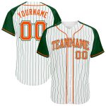 Custom Baseball Jersey Orange Green Pinstripe Raglan Sleeves - Authentic White Green Design Custom White Green Pinstripe