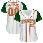 Custom Baseball Jersey Orange Green Pinstripe Raglan Sleeves - Authentic White Green Design Custom White Green Pinstripe - Image 2