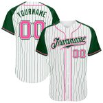 Custom Pink Green White Pinstripe Baseball Jersey with Authentic Raglan Sleeves Custom White Green Pinstripe Pink-Green Authentic