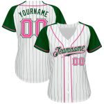 Custom Pink Green White Pinstripe Baseball Jersey with Authentic Raglan Sleeves Custom White Green Pinstripe Pink-Green Authentic - Image 2