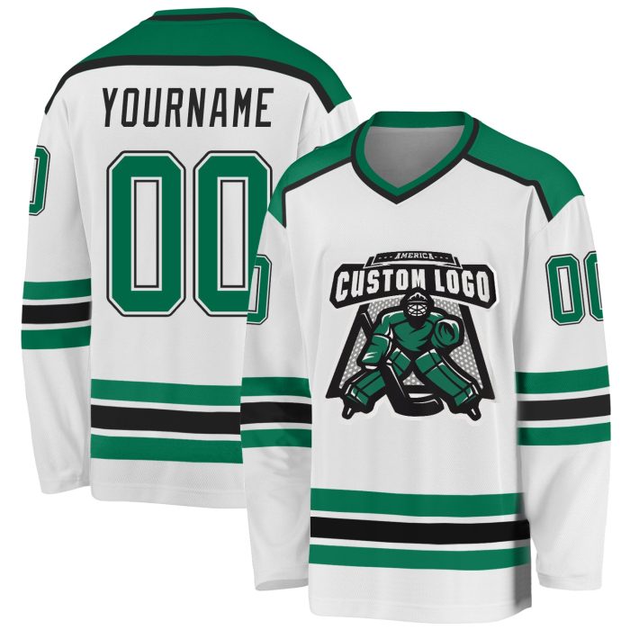 Custom Hockey Jersey in White with Kelly Green and Black Design Custom White Kelly Green-Black Hockey Jersey - Image 1