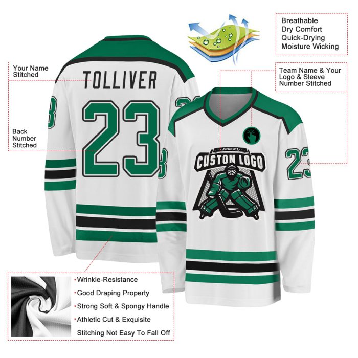 Custom Hockey Jersey in White with Kelly Green and Black Design Custom White Kelly Green-Black Hockey Jersey - Image 3