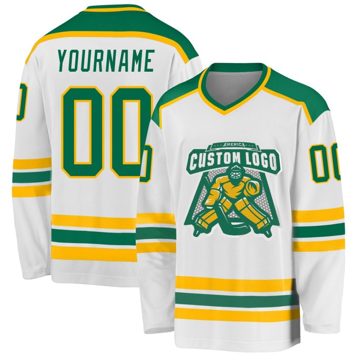 Custom Green and Gold Hockey Jersey - Personalized White Team Jersey Custom White Kelly Green-Gold Hockey Jersey - Image 1