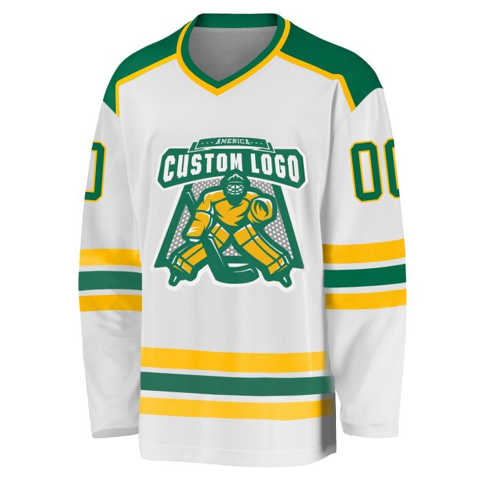 Custom Green and Gold Hockey Jersey - Personalized White Team Jersey Custom White Kelly Green-Gold Hockey Jersey - Image 2