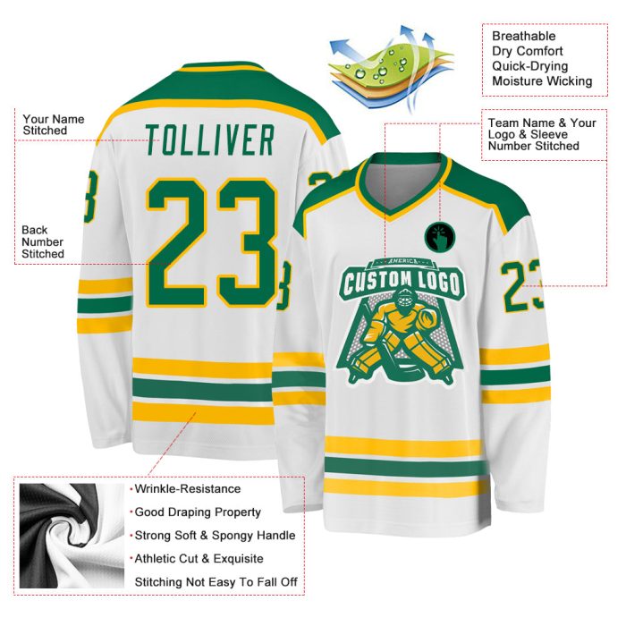 Custom Green and Gold Hockey Jersey - Personalized White Team Jersey Custom White Kelly Green-Gold Hockey Jersey - Image 3